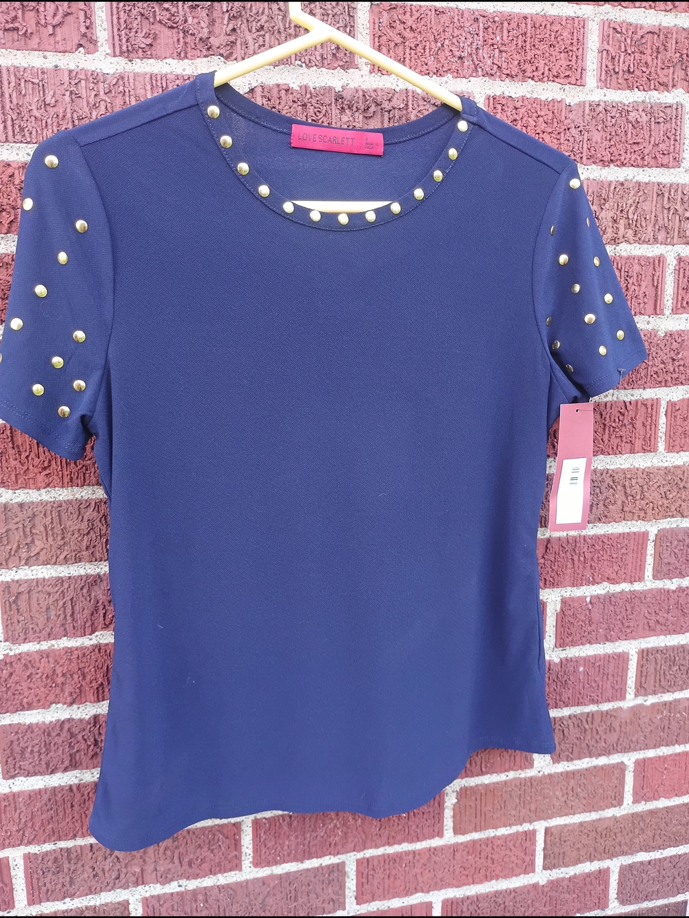 Scarlett Navy Short Sleeve Top with Gold Stud Accents